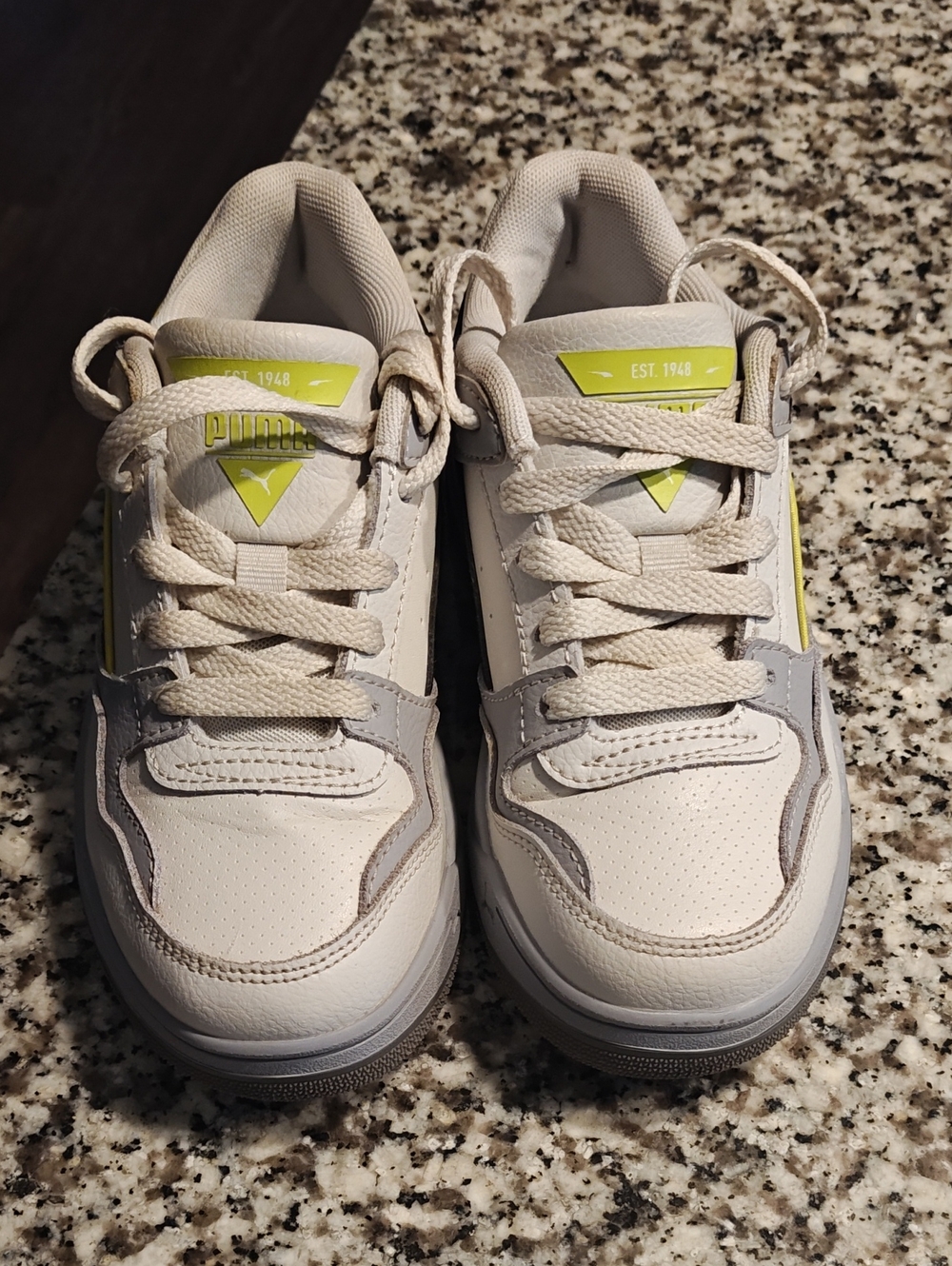 Puma Kids White Sneakers with Light Gray & Lime Accents